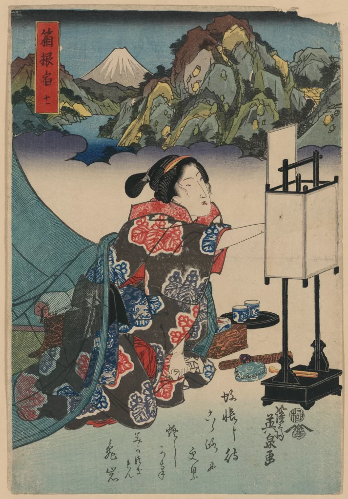 Traditional Japanese Attire Mountain Landscape Artistic Activity Cultural Setting Historical Scene Ukiyo-e Style