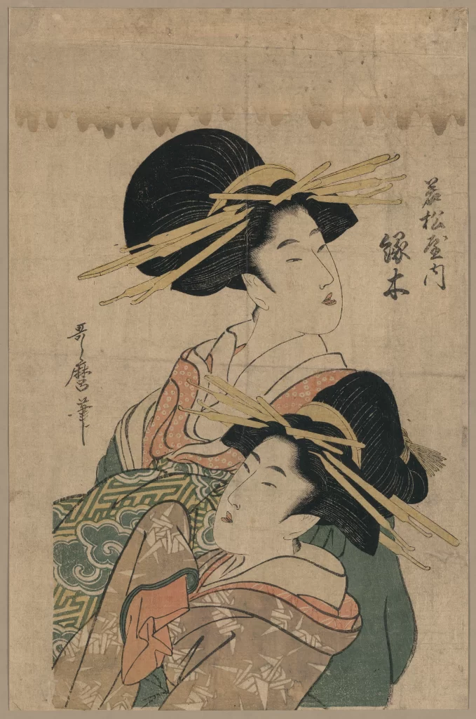 Traditional Japanese Attire Ornate Hairstyles Ukiyo-e Art Cultural Depiction Historical Fashion Intricate Patterns
