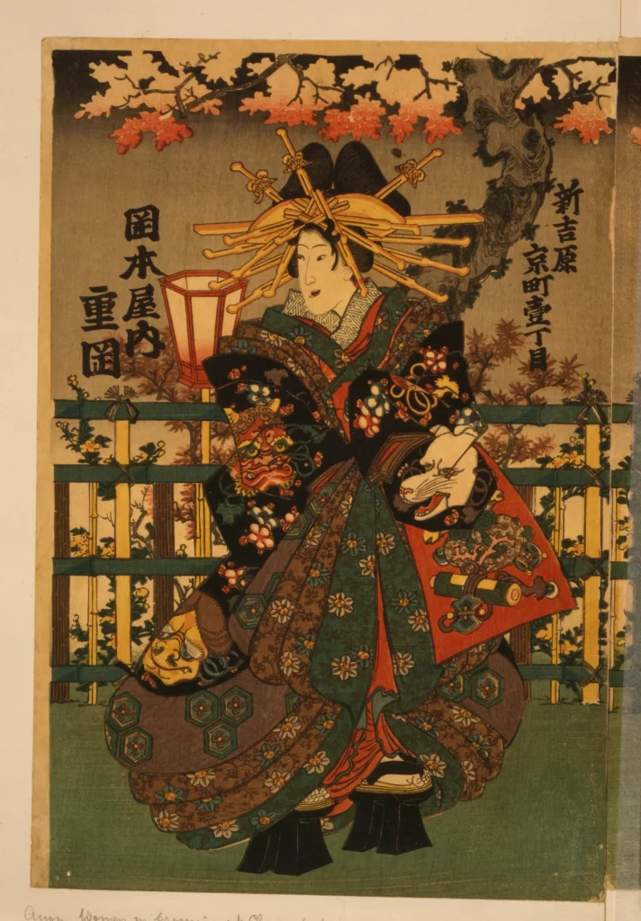 Traditional Japanese Attire Ornate Headdress Cherry Blossoms Lantern Intricate Patterns Cultural Symbolism