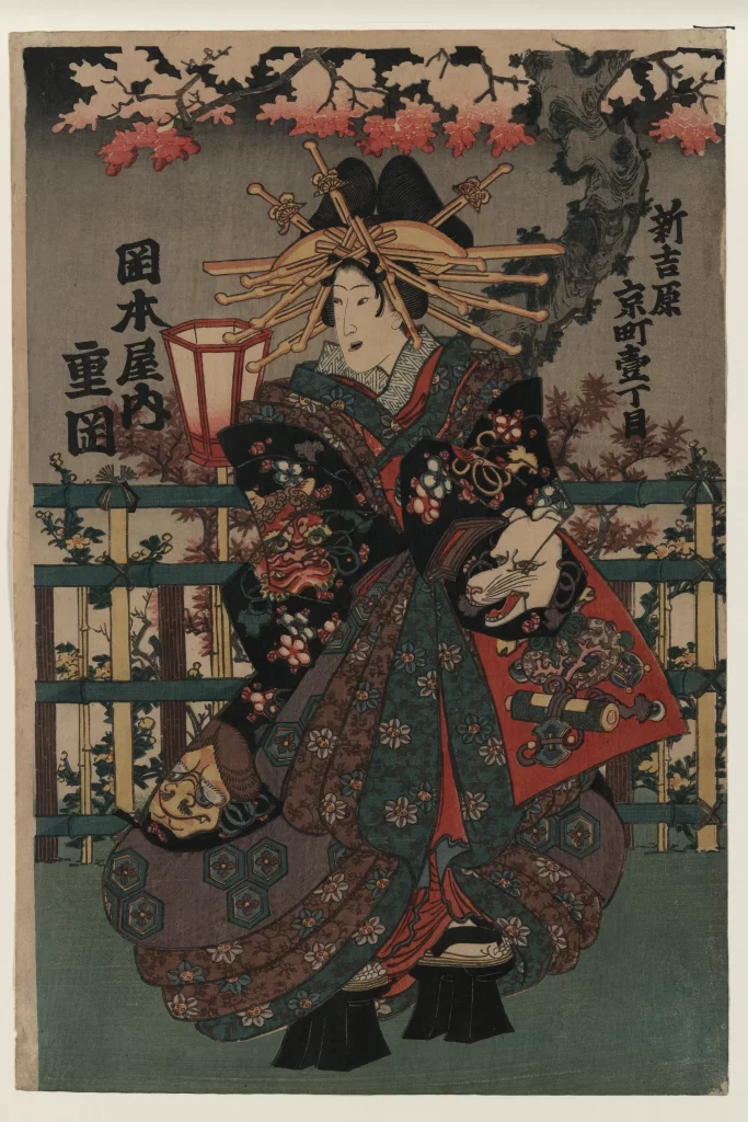 Traditional Japanese Attire Ornate Headdress Cherry Blossoms Lantern Intricate Patterns Ukiyo-e Art