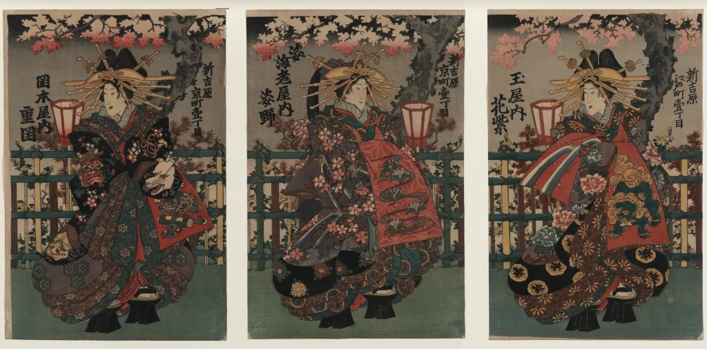 Traditional Japanese Attire Ornate Headdress Cherry Blossoms Ukiyo-e Art Cultural Symbolism Historical Costume
