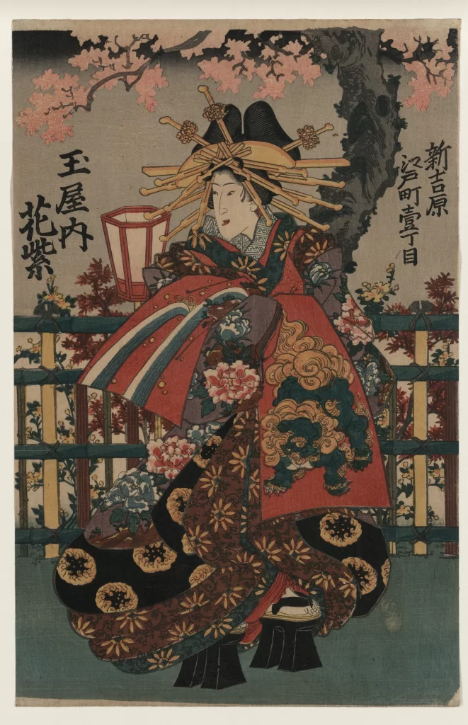 Traditional Japanese Attire Ornate Headdress Floral Patterns Lantern Cherry Blossoms Ukiyo-e Art