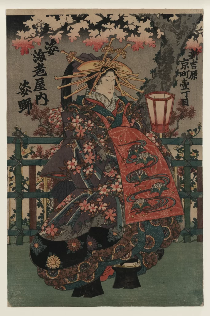 Traditional Japanese Attire Ornate Headdress Floral Patterns Red Lantern Cherry Blossoms Ukiyo-e Style