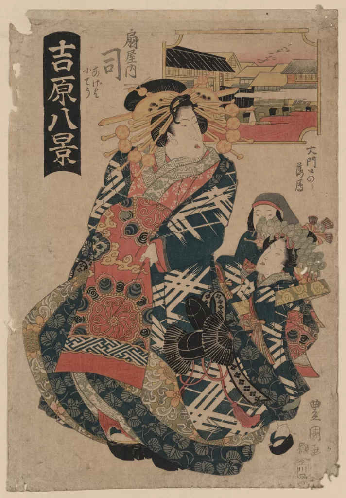 Traditional Japanese Attire Ornate Headdress Ukiyo-e Art Historical Scene Cultural Depiction Detailed Patterns