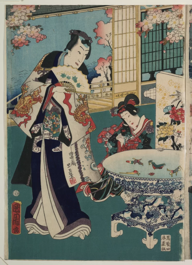 Traditional Japanese Attire Ornate Patterns Indoor Setting Floral Elements Cultural Scene Ukiyo-e Art