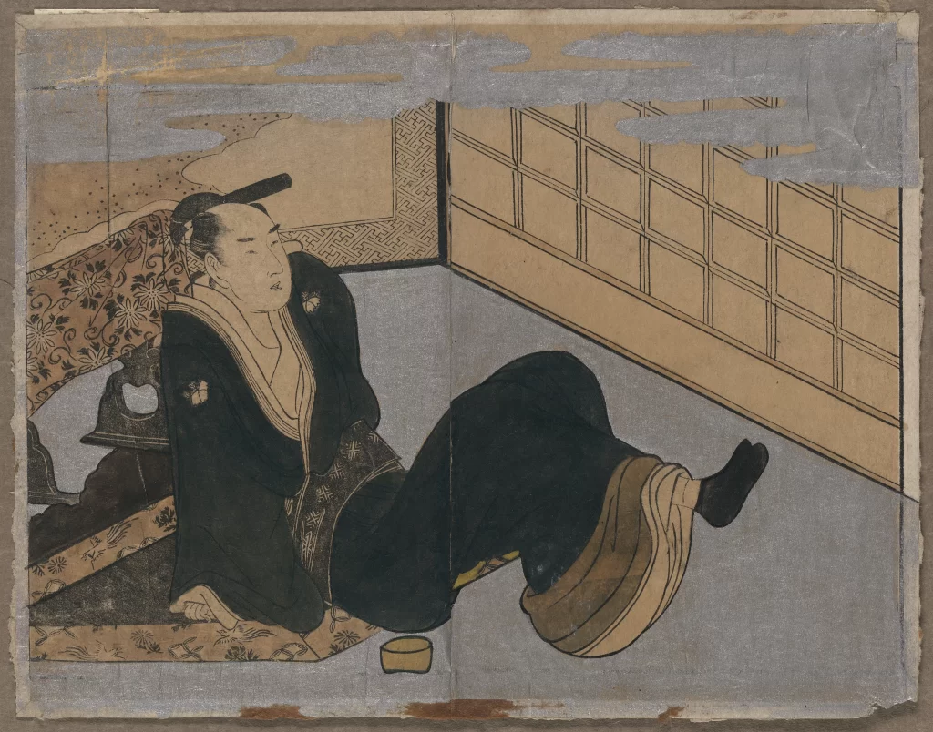 Traditional Japanese Attire Reclining Figure Interior Setting Tea Bowl Patterned Textiles Ukiyo-e Style