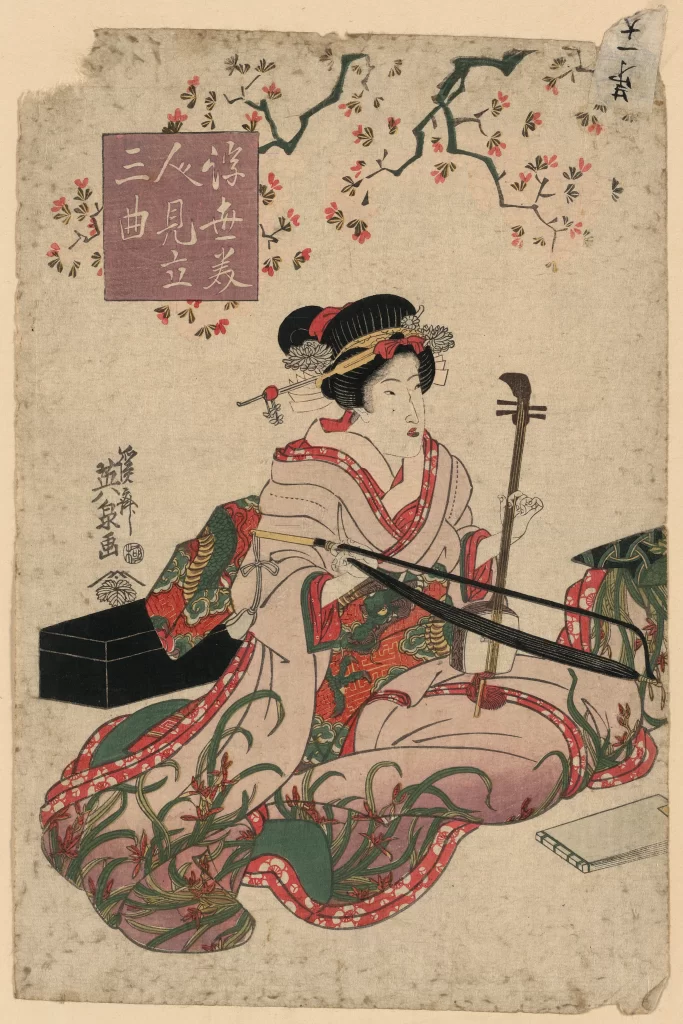 Traditional Japanese Attire Samisen Cherry Blossoms Ukiyo-e Cultural Artistry