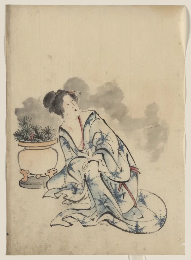 Traditional Japanese Attire Serene Expression Blue Floral Patterns Contemplative Pose Nature Elements