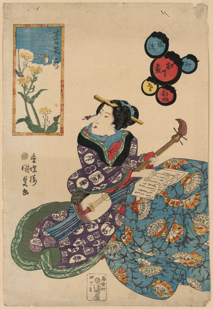 Traditional Japanese Attire Shamisen Floral Patterns Calligraphy Ukiyo-e Art Cultural Scene
