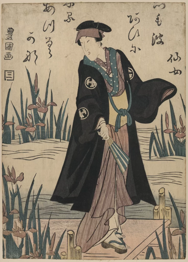 Traditional Japanese Attire Ukiyo-e Art Nature Iris Flowers Wooden Bridge