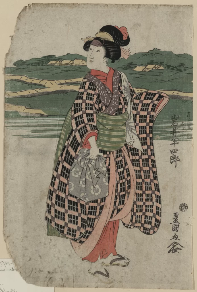 Traditional Japanese Attire Ukiyo-e Landscape Checkered Pattern Kimono