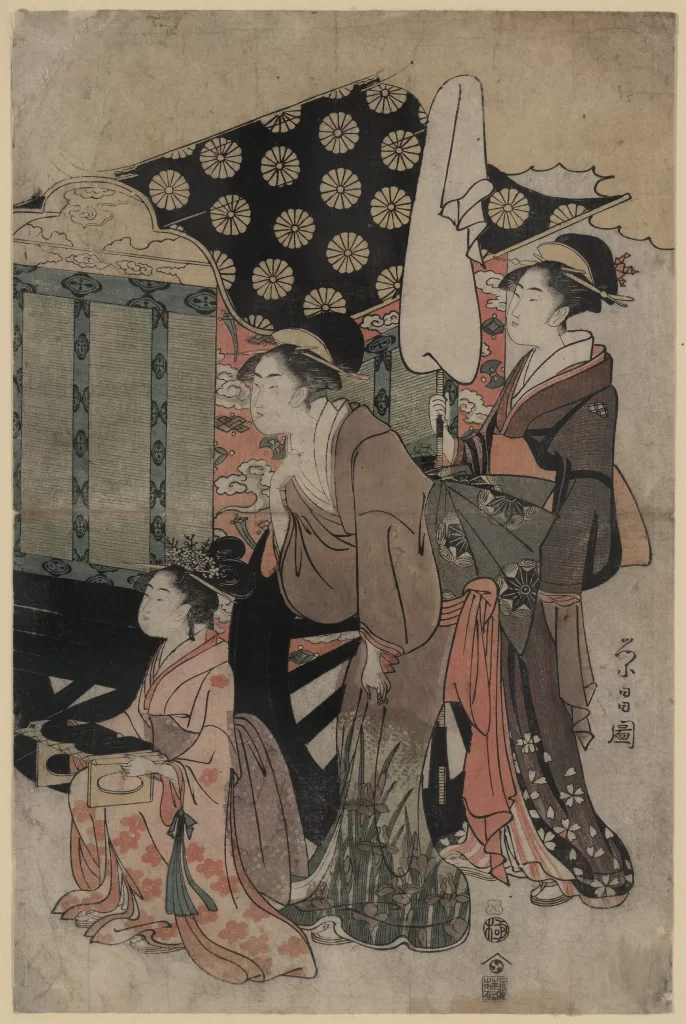 Traditional Japanese Attire Ukiyo-e Woodblock Print Historical Scene Cultural Depiction Artistic Expression