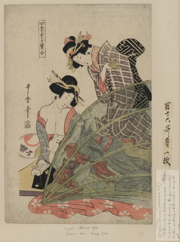 Traditional Japanese Attire Ukiyo-e Woodblock Print Women Kimono Fan