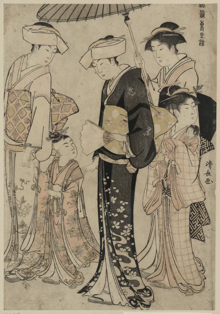 Traditional Japanese Attire Umbrella Family Cultural Art Historical Scene