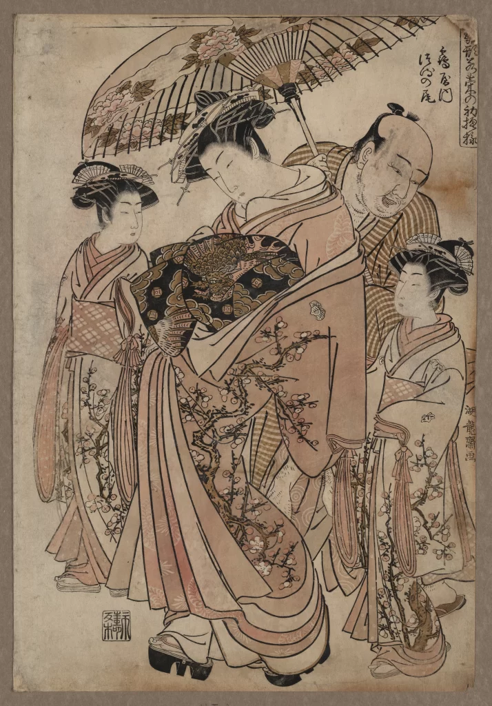 Traditional Japanese Attire Umbrella Floral Patterns Edo Period Cultural Depiction