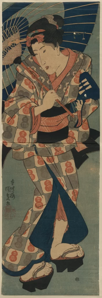 Traditional Japanese Attire Umbrella Kimono Sandals Cultural Art Ukiyo-e