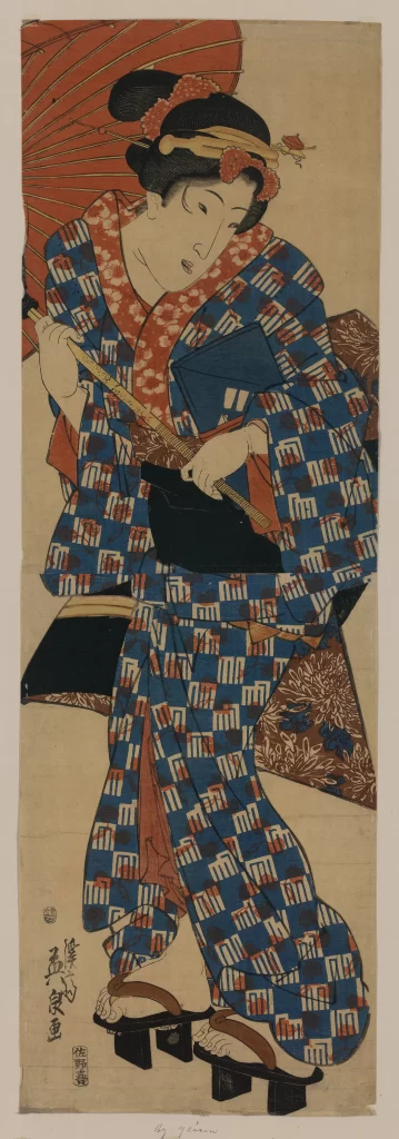 Traditional Japanese Attire Umbrella Kimono Ukiyo-e Woodblock Print