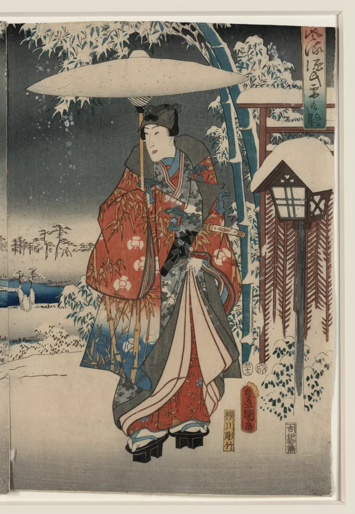 Traditional Japanese Attire Umbrella Snow Bamboo Landscape Ukiyo-e