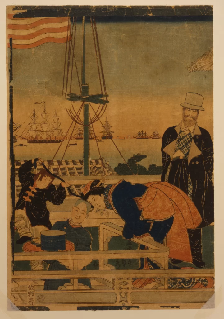 Traditional Japanese Attire Western Ships Cultural Interaction Historical Scene Ukiyo-e Art Edo Period