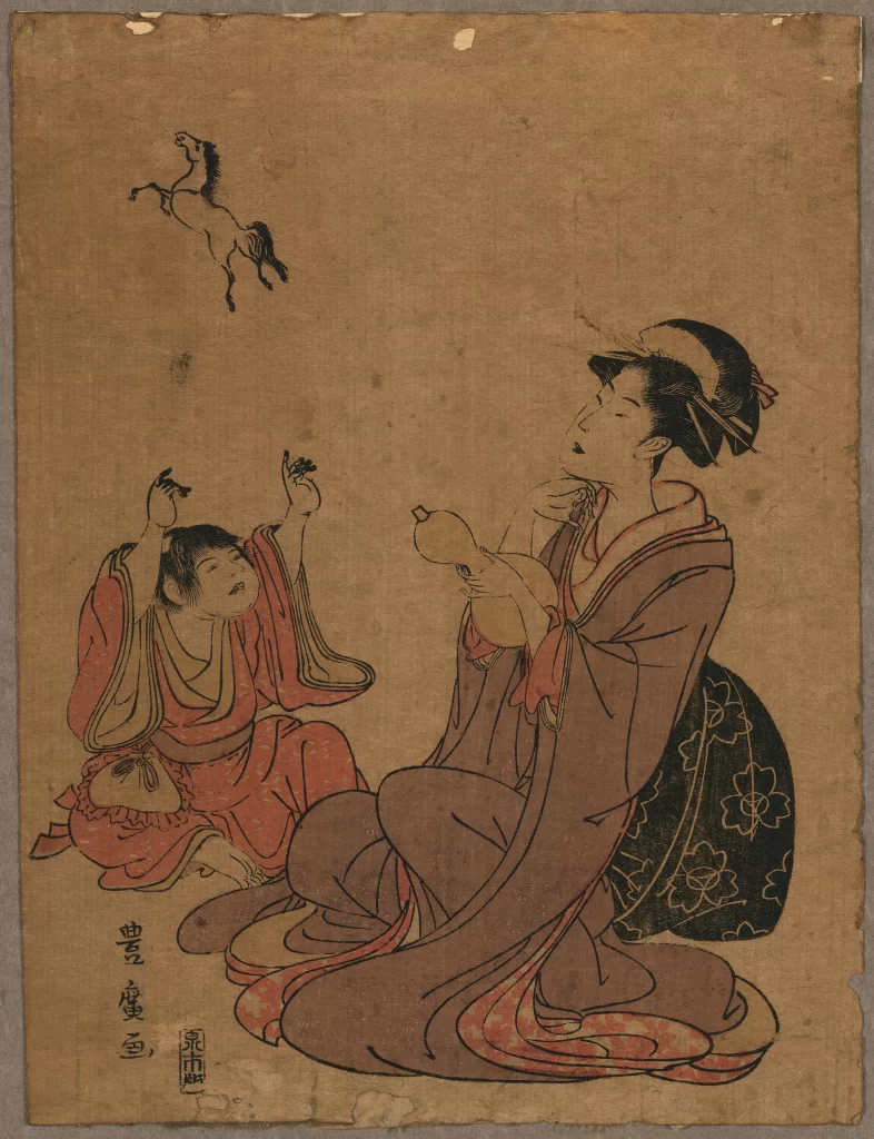 Traditional Japanese Attire Woman Child Horse Cultural Scene Historical Art
