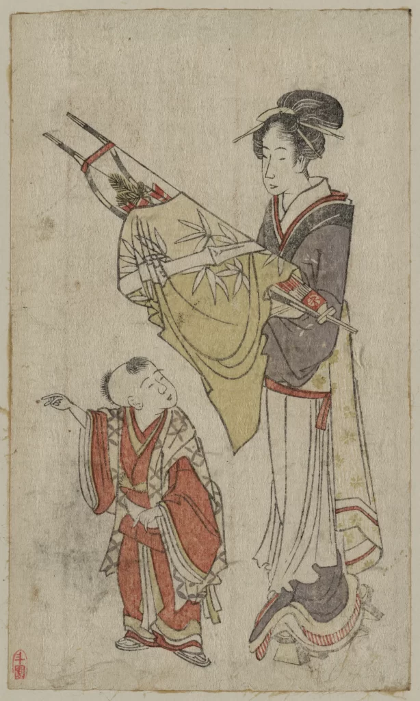 Traditional Japanese Attire Woman Child Umbrella Cultural Art
