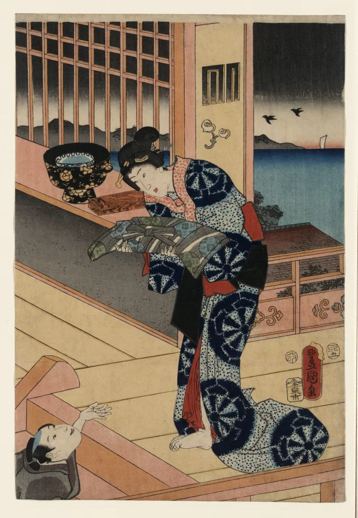 Traditional Japanese Attire Woman Man Interaction Landscape Ukiyo-e