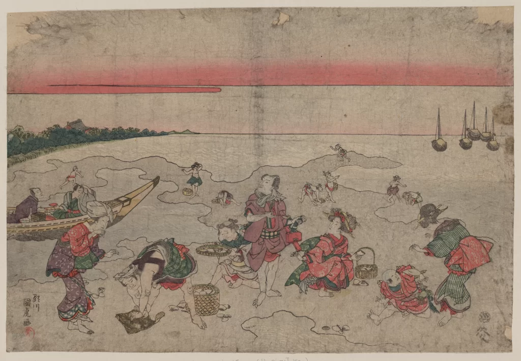 Traditional Japanese Beach People Boats Sunset Activities