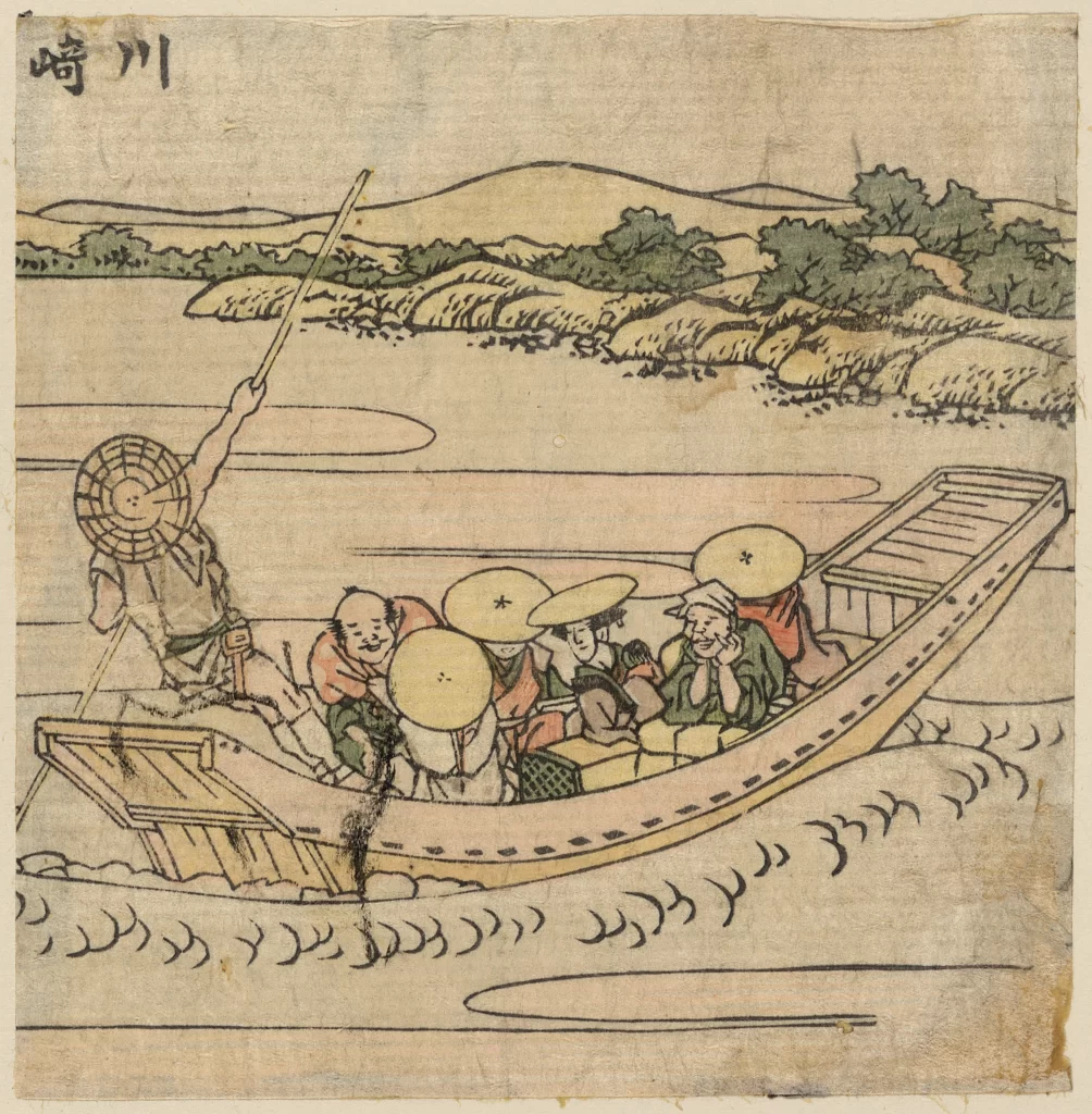 Traditional Japanese Boat Passengers River Landscape Conical Hats