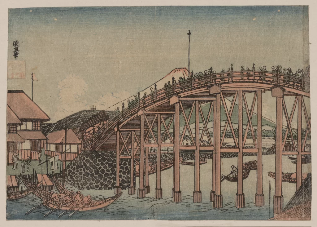 Traditional Japanese Bridge Boats People Architecture Landscape Serene