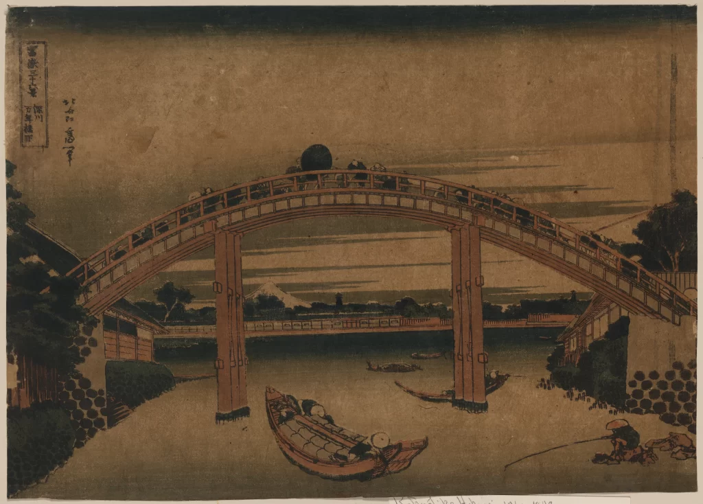 Traditional Japanese Bridge Boats River People Landscape Architecture