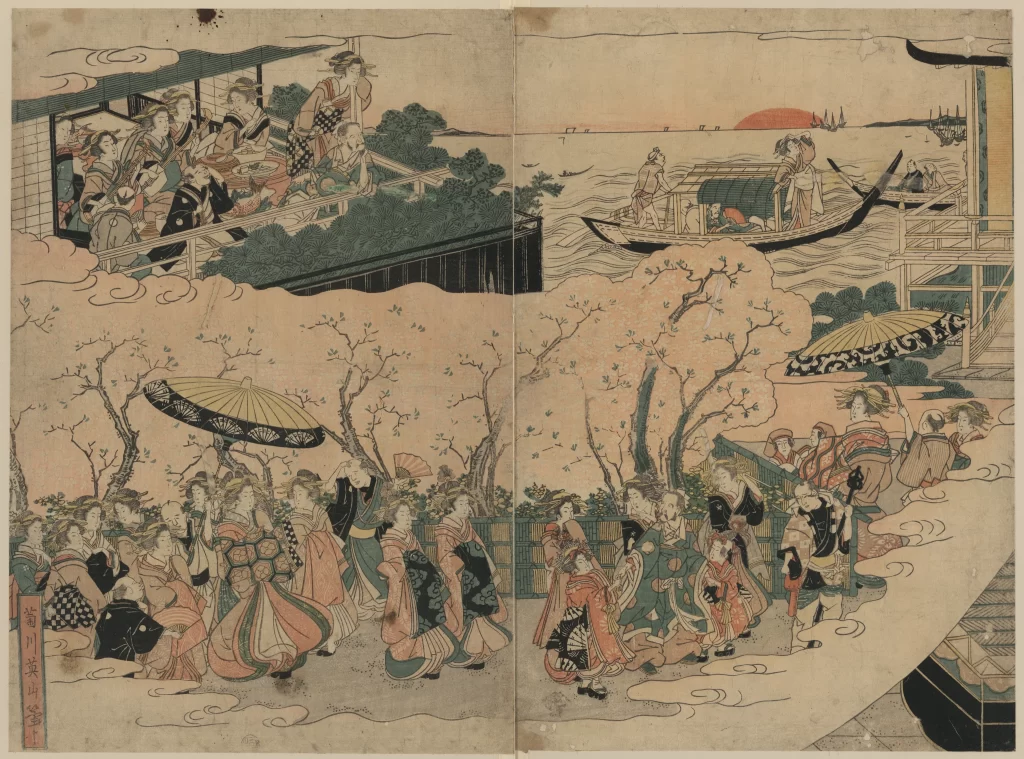 Traditional Japanese Edo Period Cherry Blossoms Festival Boats Ukiyo-e