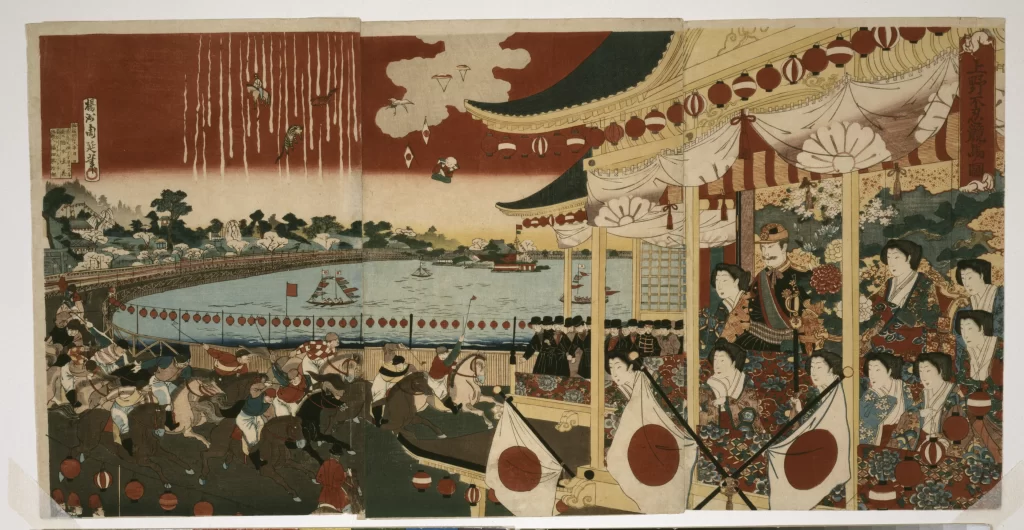 Traditional Japanese Festival Horse Racing Spectators Fireworks Edo Period Cultural Celebration