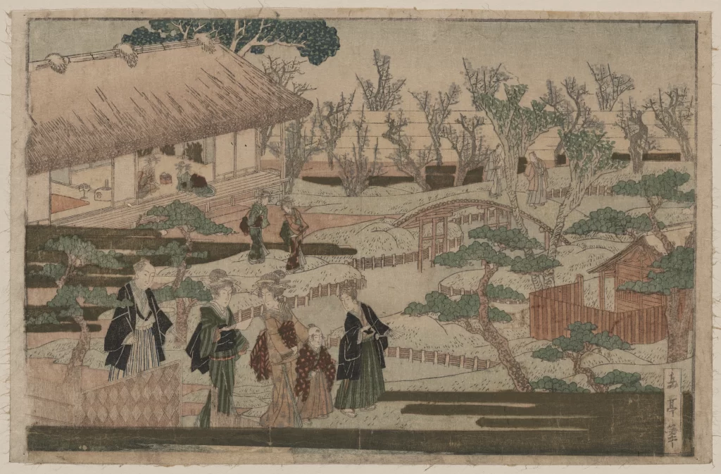 Traditional Japanese Garden Edo Period Woodblock Print Cultural