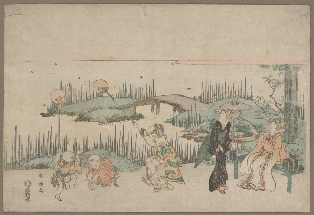 Traditional Japanese Garden Scene Kite Flying Edo Period Cultural Activity