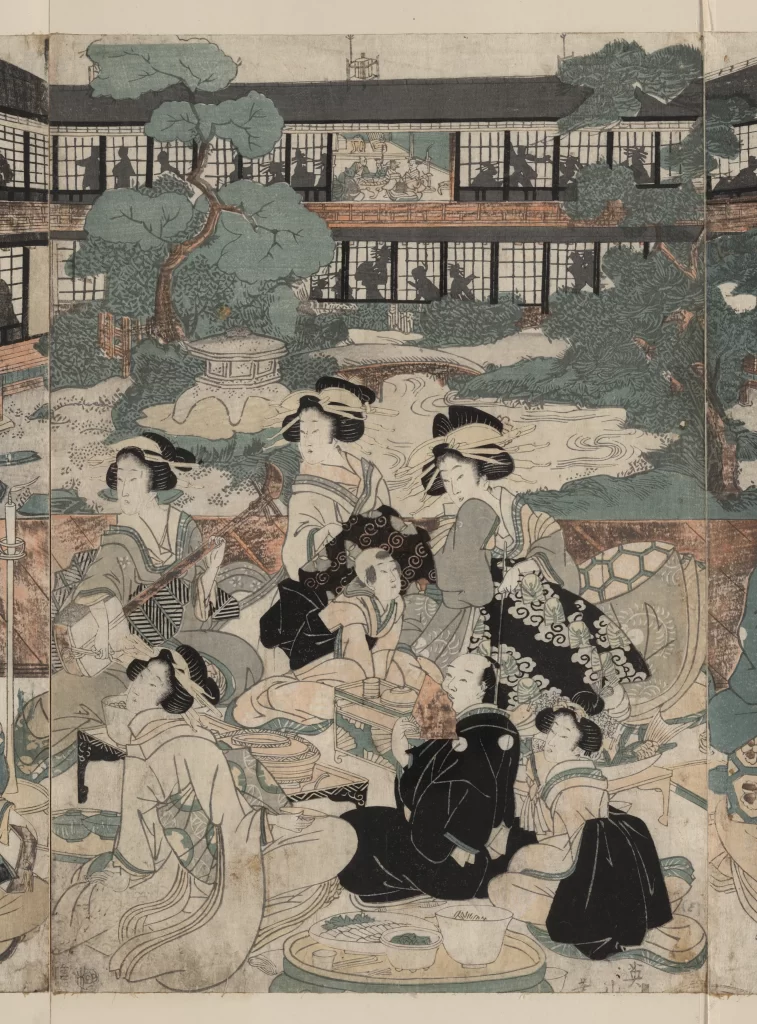 Traditional Japanese Gathering Cultural Setting Historical Attire Artistic Depiction Social Interaction