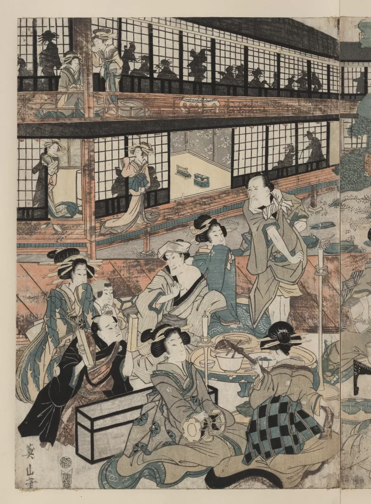 Traditional Japanese Gathering Cultural Setting Historical Attire Social Interaction Artistic Depiction