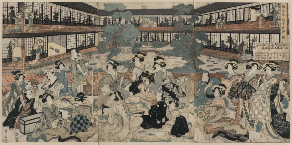 Traditional Japanese Gathering Edo Period Multi-story Building Garden View Social Interaction Cultural Setting