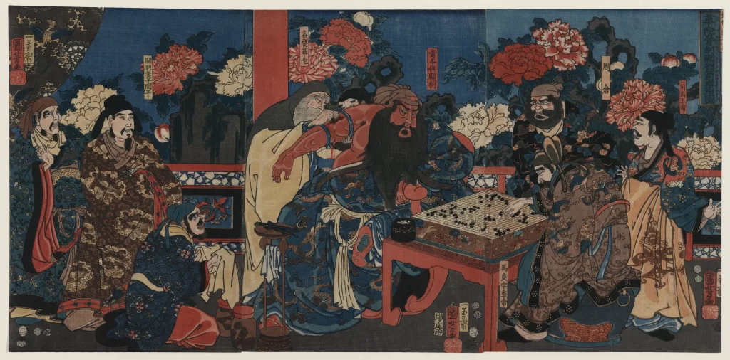 Traditional Japanese Go Game Historical Figures Ornate Clothing Detailed Background Cultural Setting