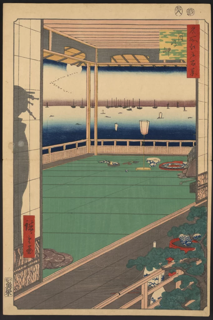 Traditional Japanese Interior Open Veranda Ocean View Sailboats Moon Cultural Setting