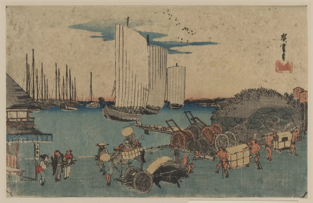 Traditional Japanese Landscape Boats People Harbor Cultural Scene Historical Art
