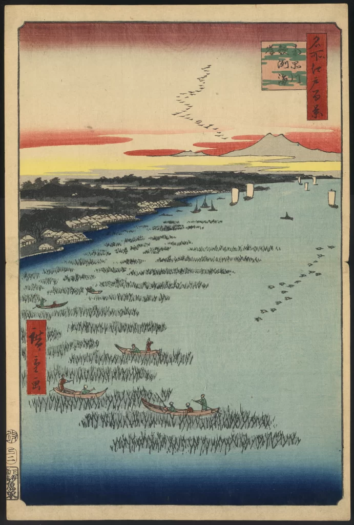 Traditional Japanese Landscape Boats Reeds Mount Fuji Sunset Birds