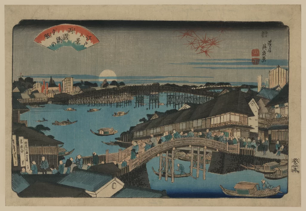 Traditional Japanese Landscape Bridge Boats Moon Fireworks Architecture