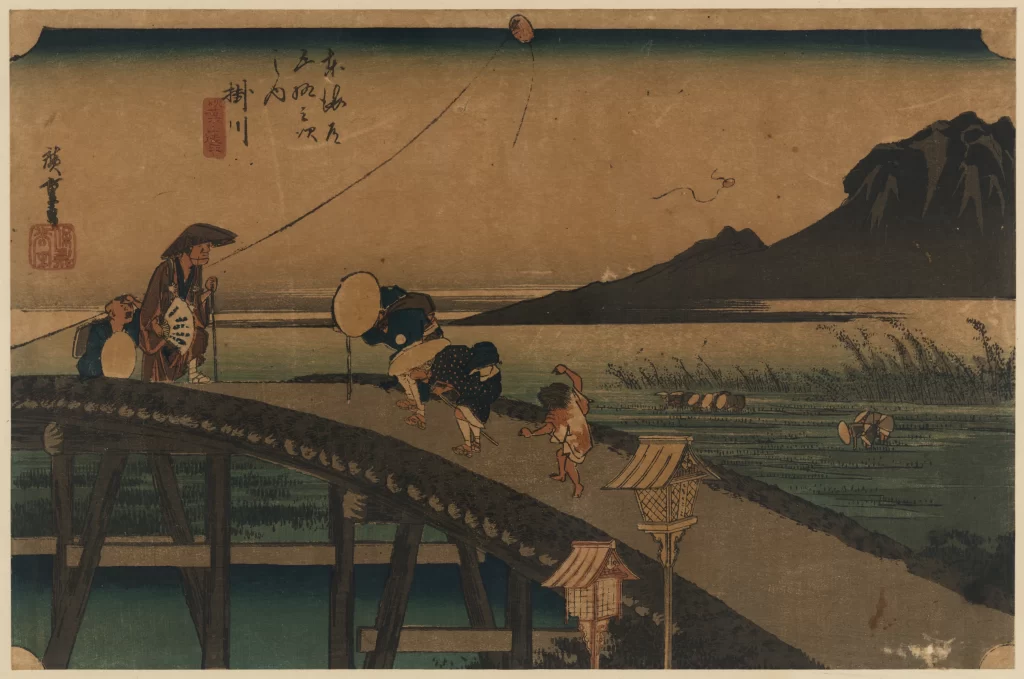 Traditional Japanese Landscape Bridge Kite People Nature Cultural Scene