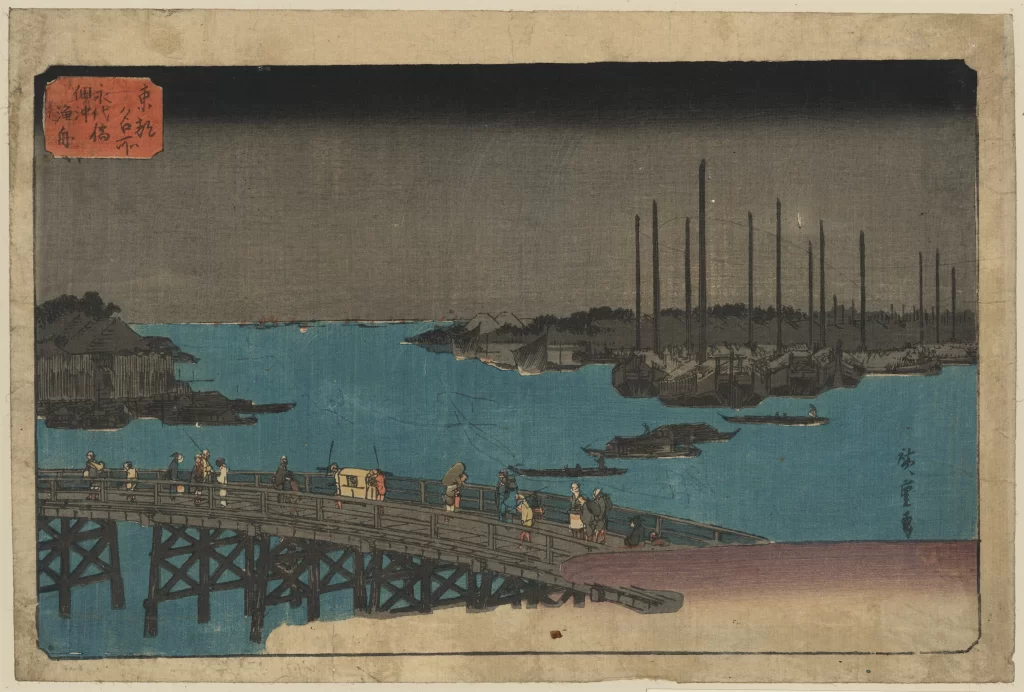 Traditional Japanese Landscape Bridge Water Boats People Architecture