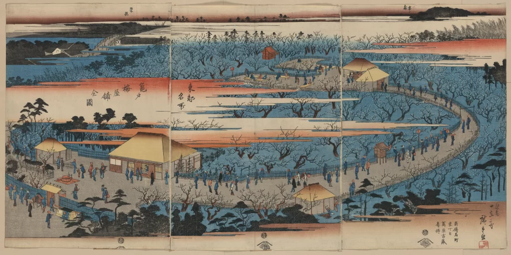 Traditional Japanese Landscape Cherry Blossoms Edo Period Leisure Activities Scenic View Cultural Setting
