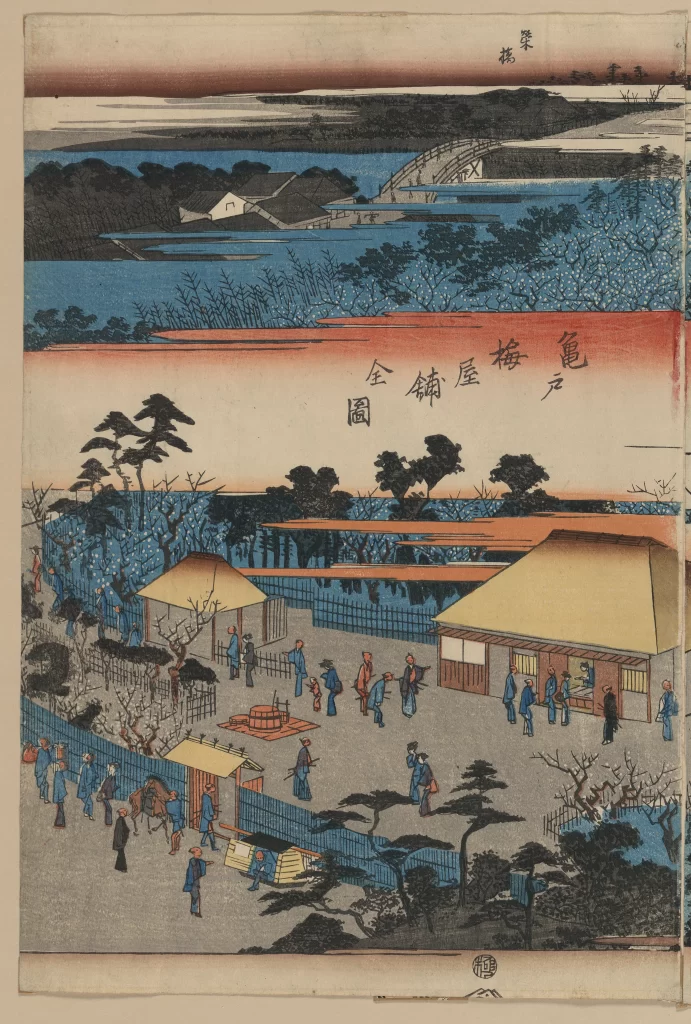 Traditional Japanese Landscape Cherry Blossoms Rural Scene Edo Period Daily Life Cultural Setting