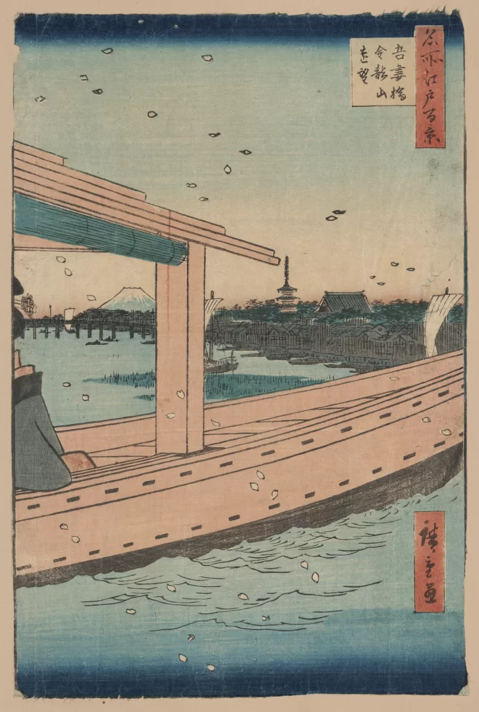 Traditional Japanese Landscape Mount Fuji Cherry Blossoms River Wooden Bridge Edo Period