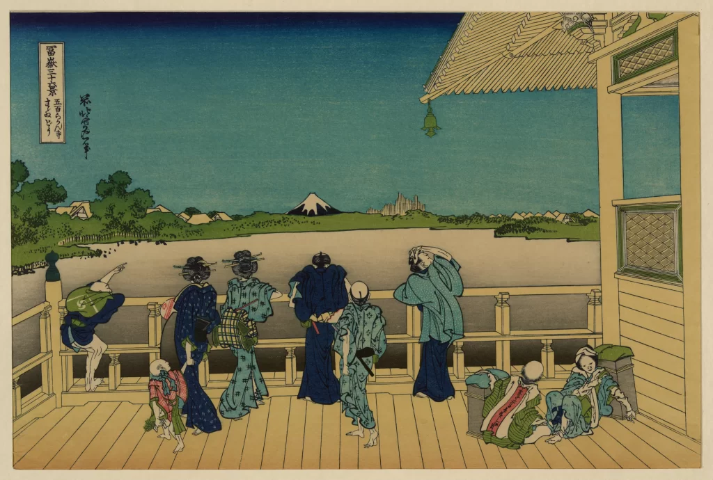 Traditional Japanese Landscape Mount Fuji Edo Period People In Kimonos Scenic View Ukiyo-e Art
