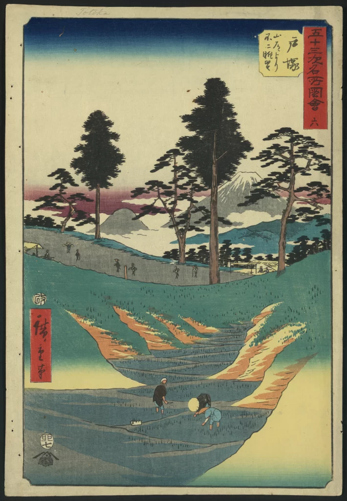 Traditional Japanese Landscape Mount Fuji Farmers Trees