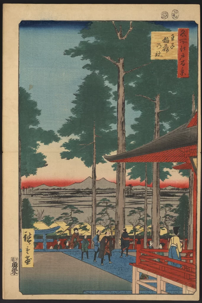 Traditional Japanese Landscape Mount Fuji People Trees Architecture Serene Scene